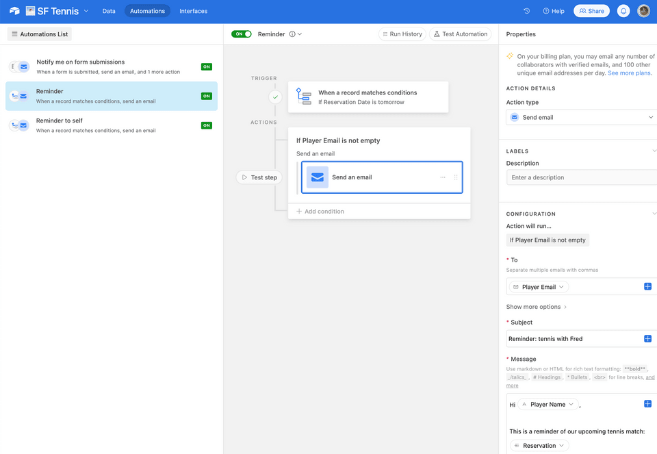 airtennis auto reminders